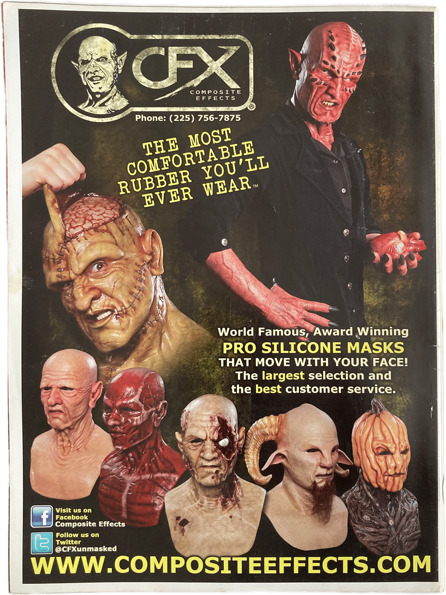 Advertisement for CFX Composite Effects featuring silicone masks on a dark background.