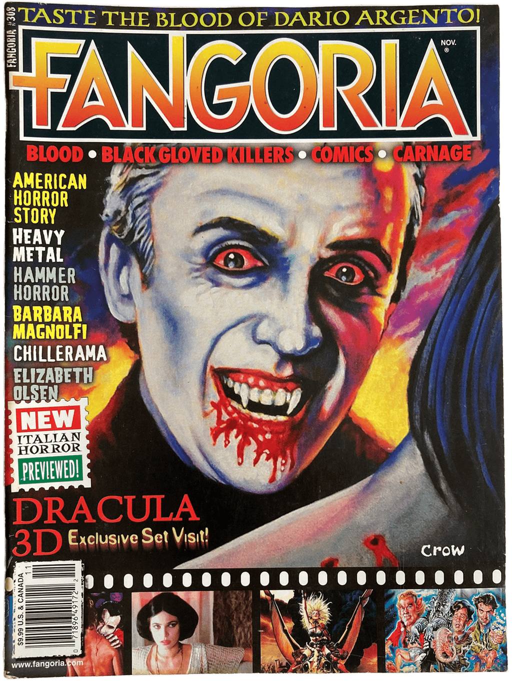 Fangoria Magazine #308 cover featuring a vintage Grindhouse style Dracula vampire with blood and horror film highlights.