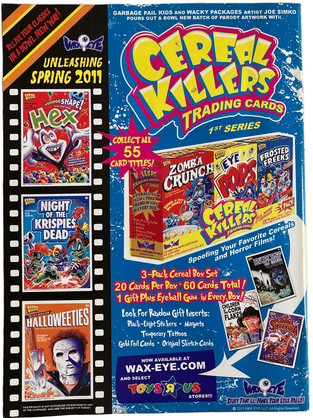 Fangoria Magazine #308 back cover featuring colorful cereal box parody trading cards with horror movie themes and vintage grindhouse style