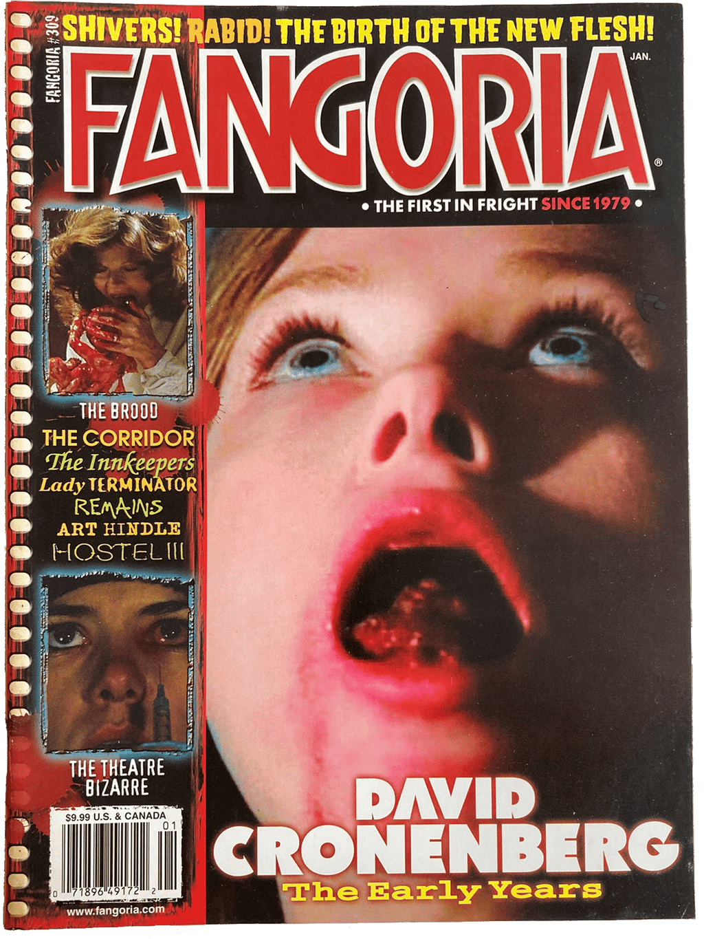 Magazine cover of Fangoria featuring a horror-themed layout with text and images.