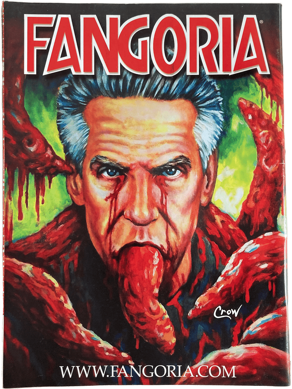 Cover of 'Fangoria' magazine with a stylized illustration of a man with blue hair and a snake, featuring the Fangoria logo and website.