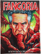 Cover of 'Fangoria' magazine with a stylized illustration of a man with blue hair and a snake, featuring the Fangoria logo and website.