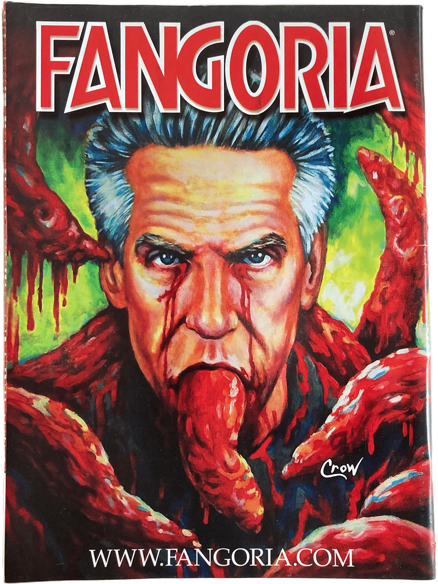 Cover of 'Fangoria' magazine with a stylized illustration of a man with blue hair and a snake, featuring the Fangoria logo and website.