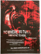 Back cover of Fangoria Magazine #316 featuring Halloween Horror Nights ad with intense red and black horror-themed design and screaming face.