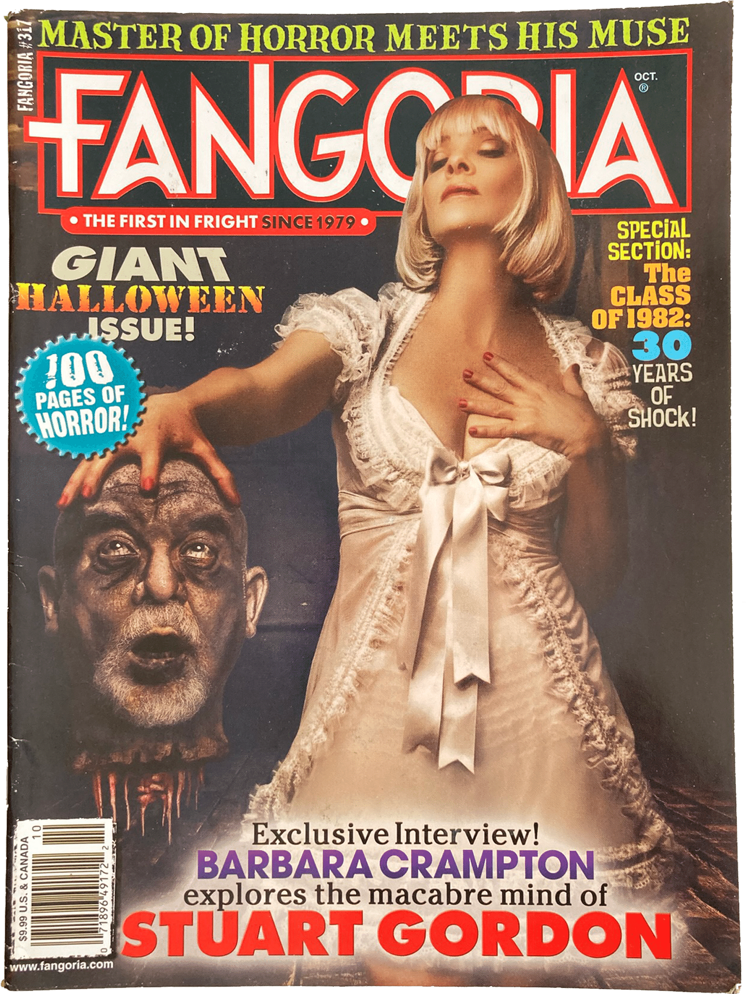 Magazine cover of Fangoria featuring a woman and a zombie with text about a Halloween issue and an interview with Barbara Crampton.