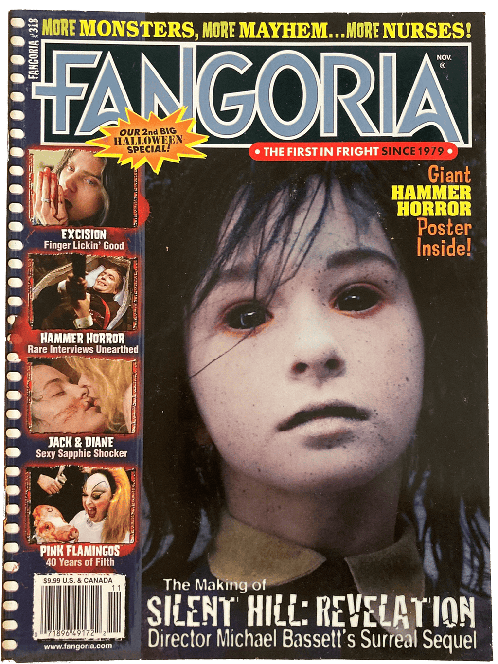 Magazine cover of Fangoria featuring a horror-themed layout with text and images.
