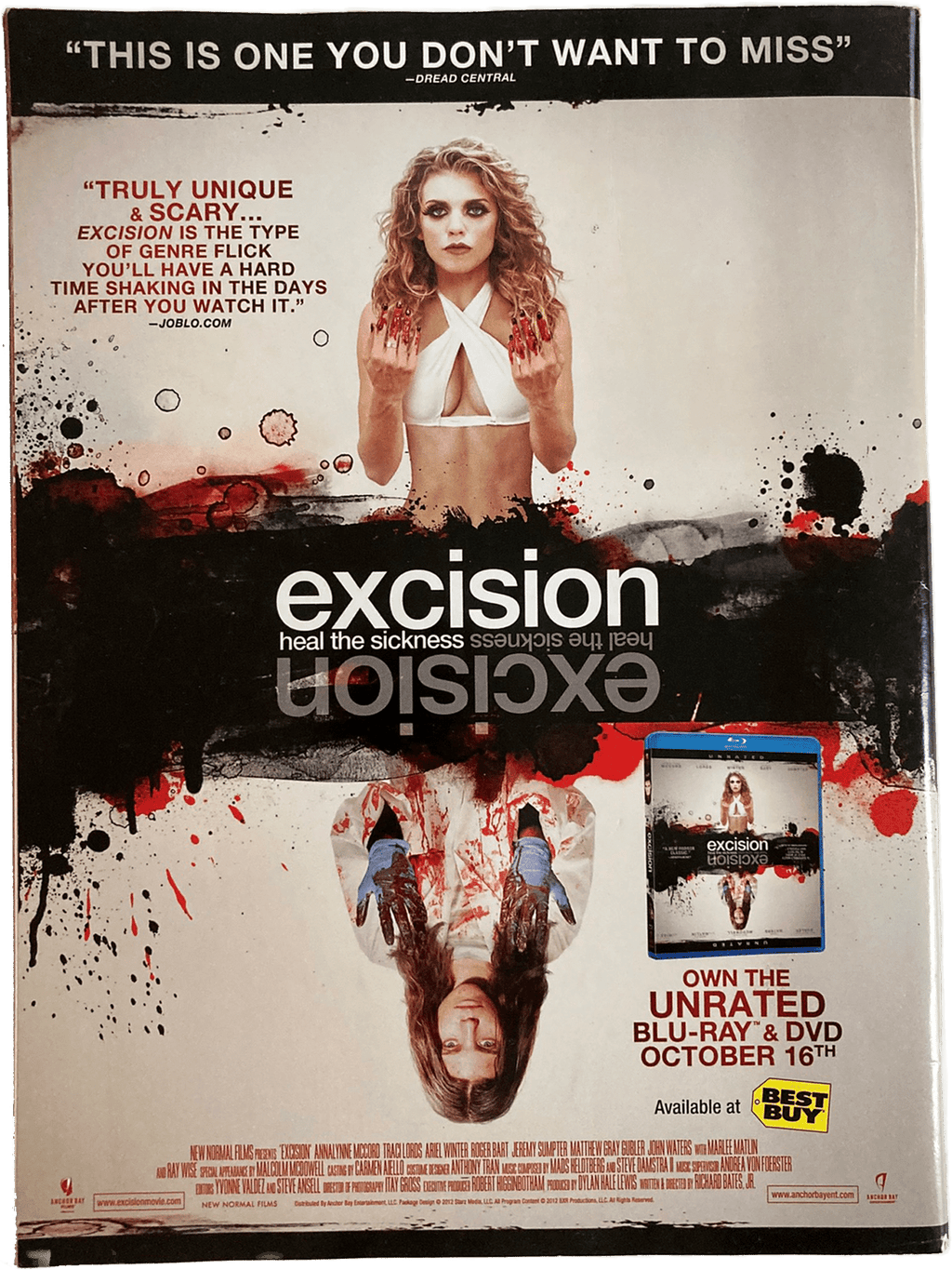Promotional poster for the movie 'Excision' with a woman in a white dress and a dark, bloody background.