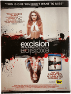 Promotional poster for the movie 'Excision' with a woman in a white dress and a dark, bloody background.