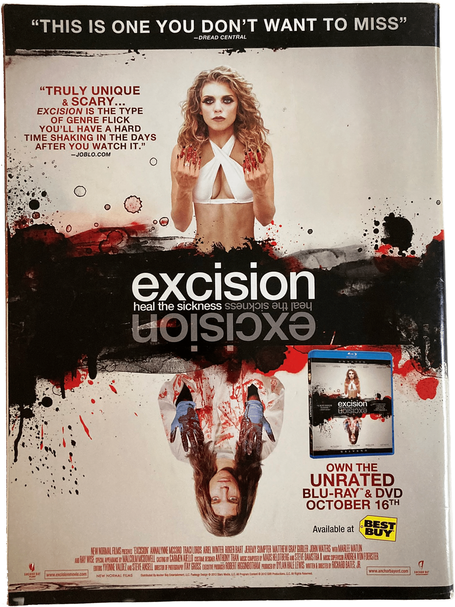 Promotional poster for the movie 'Excision' with a woman in a white dress and a dark, bloody background.