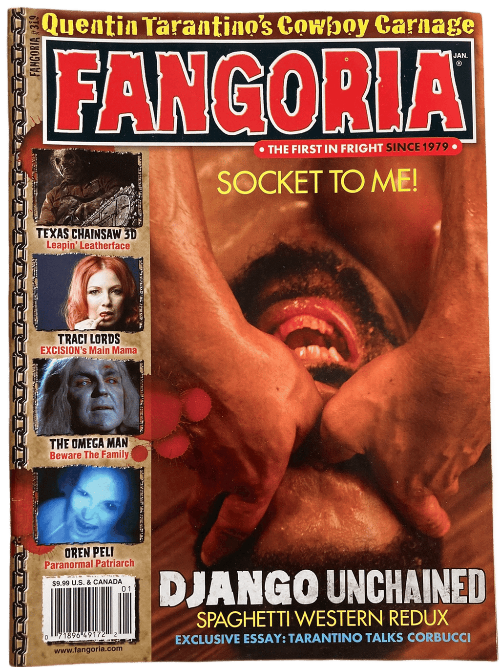 Fangoria Magazine #319 cover featuring a bold Django Unchained scene with horror film highlights and vintage grindhouse flair.