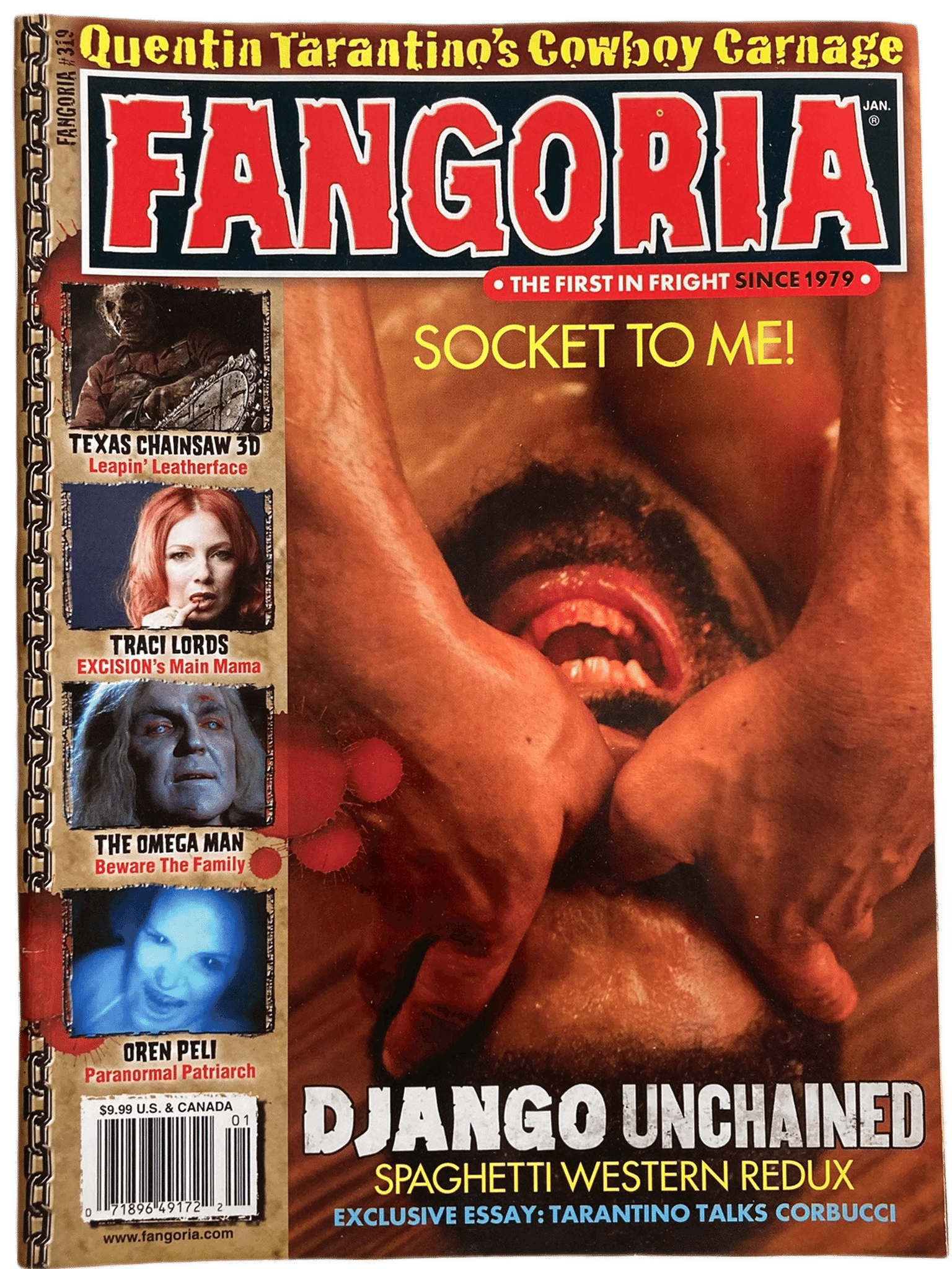 Fangoria Magazine #319 cover featuring a bold Django Unchained scene with horror film highlights and vintage grindhouse flair.