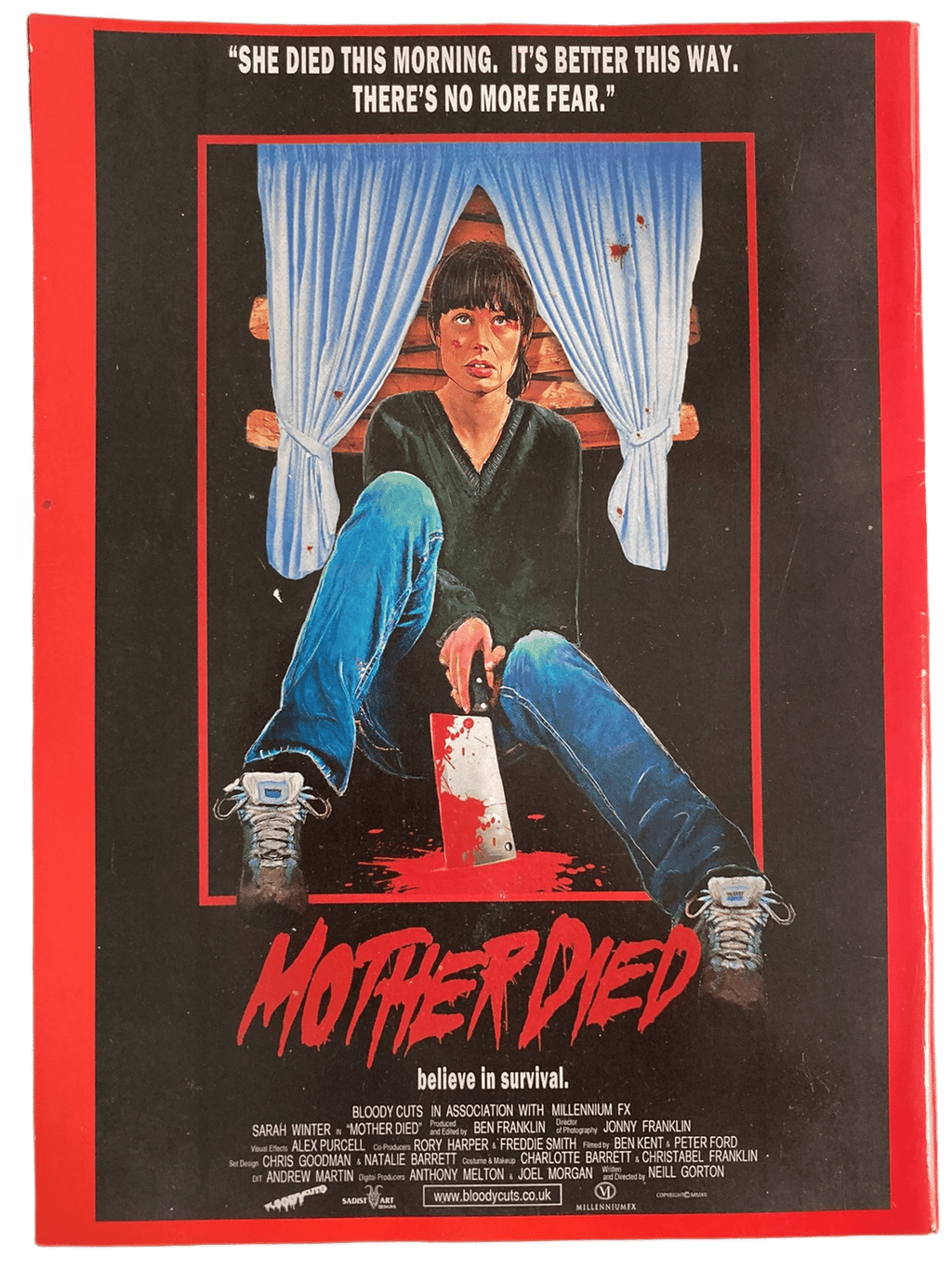 Fangoria Magazine #319 back cover art with a bloody cleaver, distressed woman, and horror quote in vintage grindhouse style