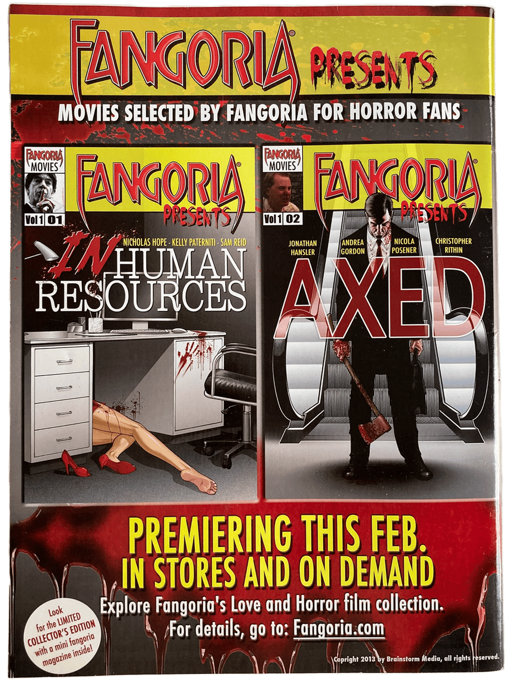 Promotional poster for Fangoria featuring horror movie selections with text and images of a woman and a man holding an axe.
