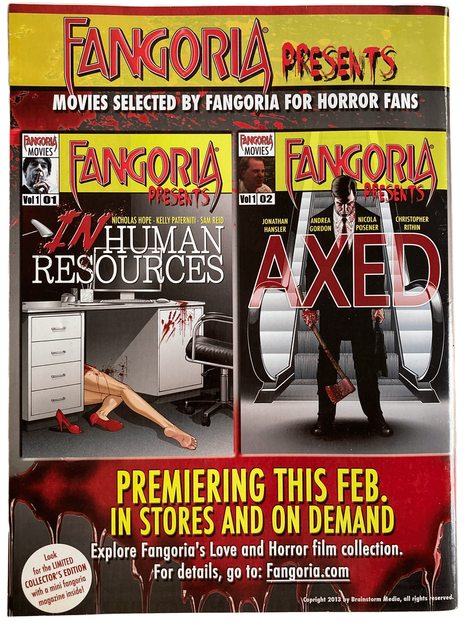 Promotional poster for Fangoria featuring horror movie selections with text and images of a woman and a man holding an axe.