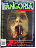 Magazine cover of Fangoria featuring a horror-themed cover with a woman's face and text about 'Evil Dead'.