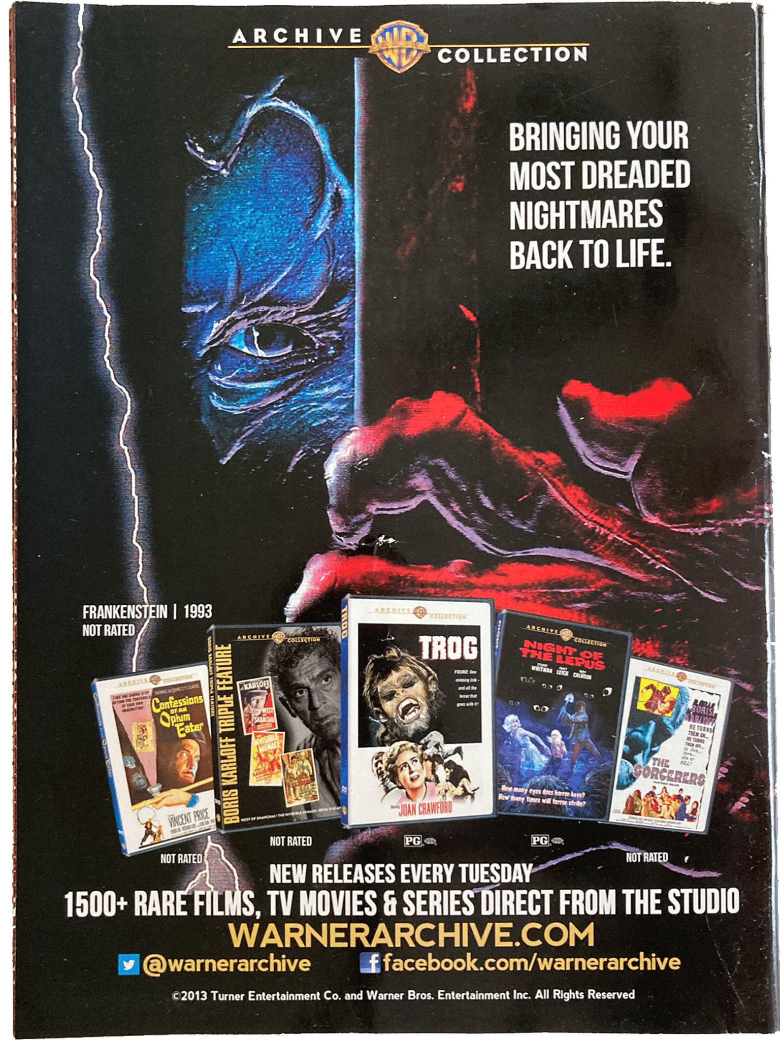Advertisement for Warner Archive Collection featuring horror movie posters and text.