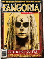 Magazine cover of Fangoria featuring a person with a skull-like makeup and long hair.
