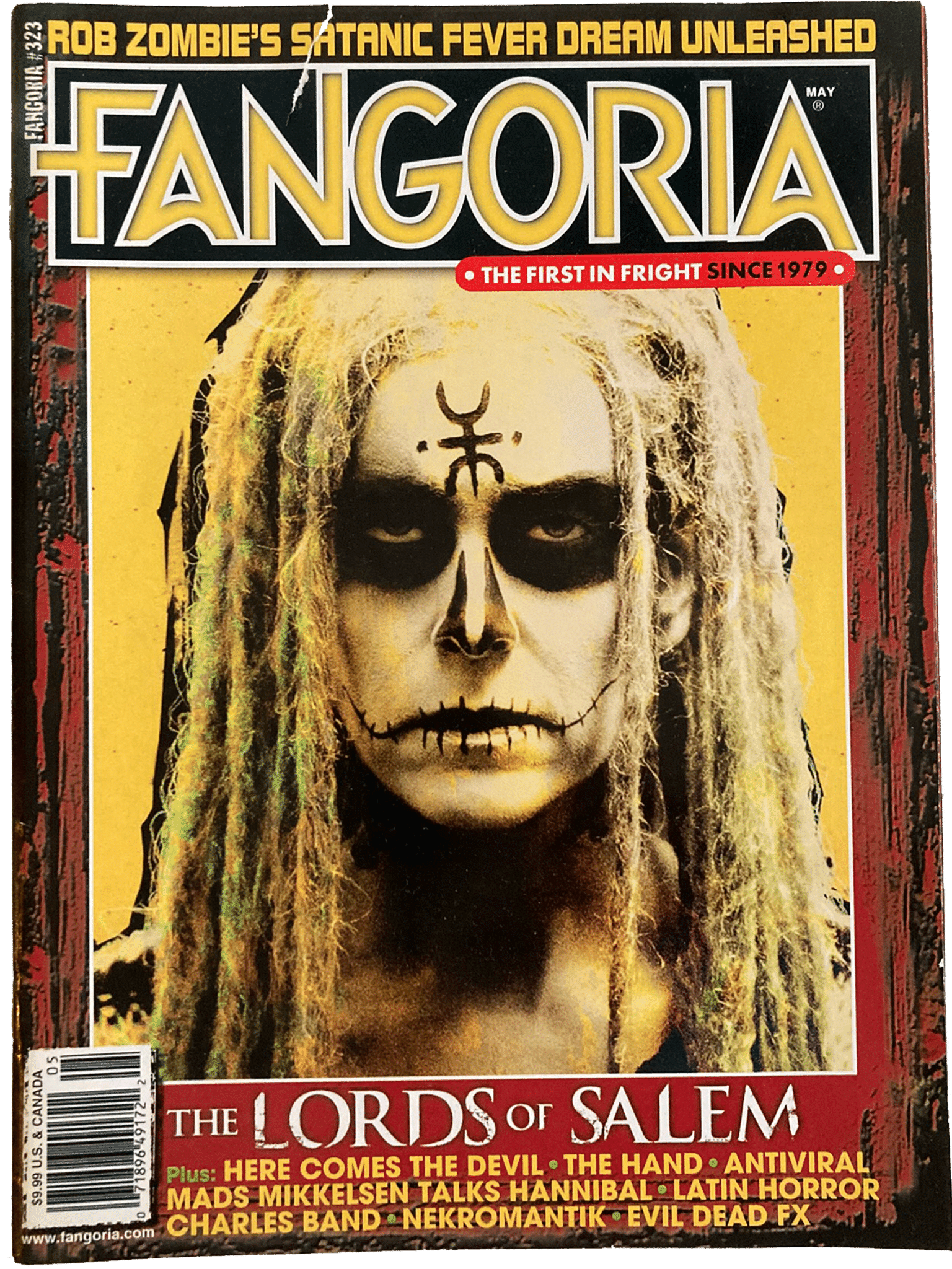 Magazine cover of Fangoria featuring a person with a skull-like makeup and long hair.