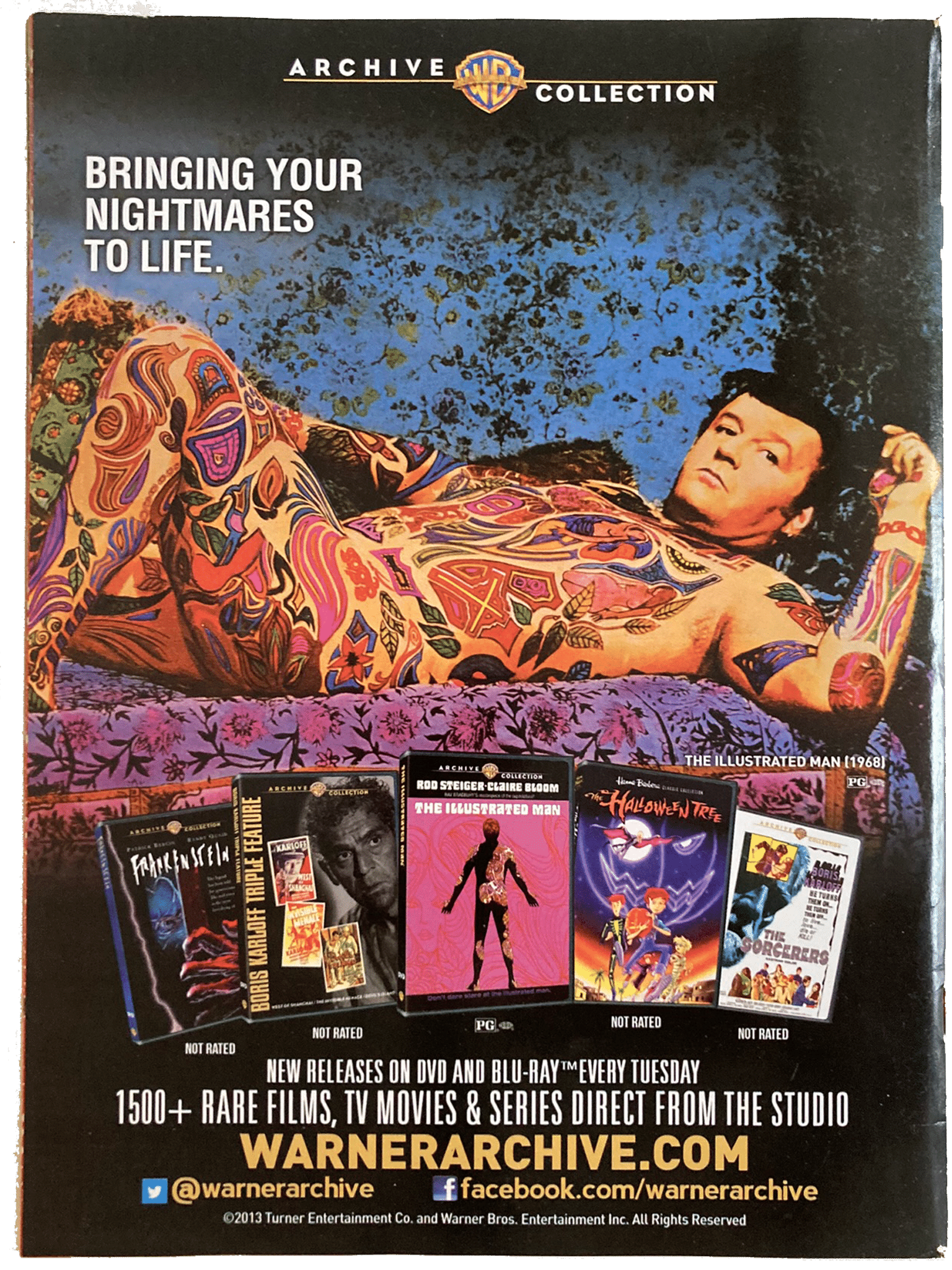 Advertisement for Warner Archive Collection featuring a person with tattoos and various movie posters.
