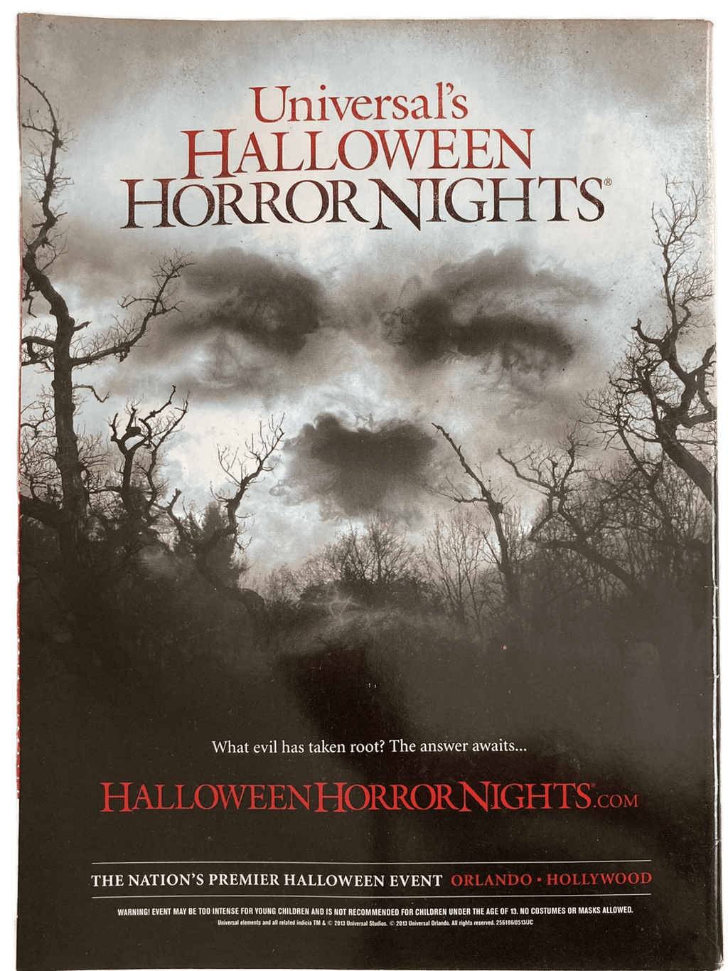Promotional poster for Universal's Halloween Horror Nights with dark trees and smoke.