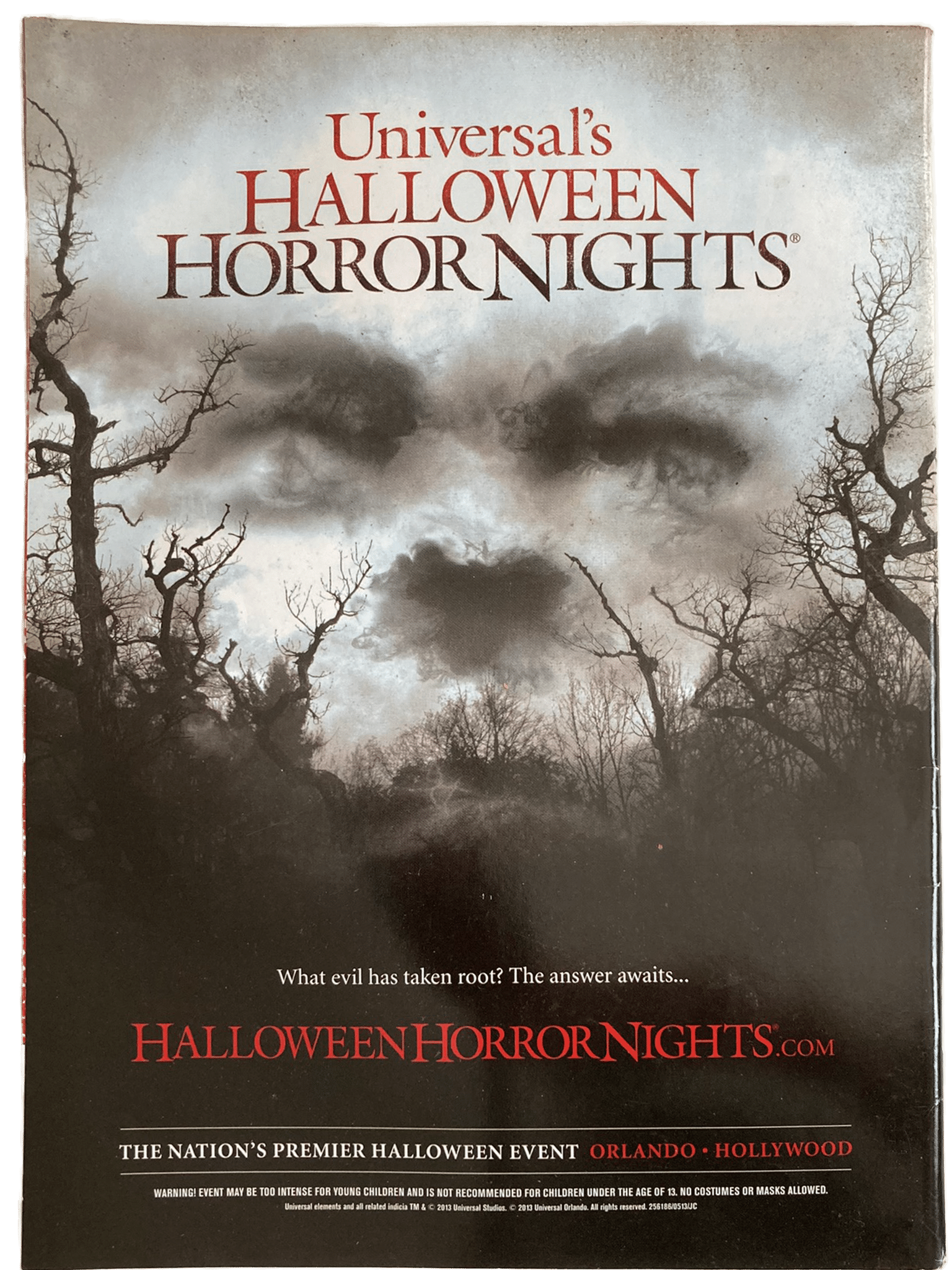 Promotional poster for Universal's Halloween Horror Nights with dark trees and smoke.