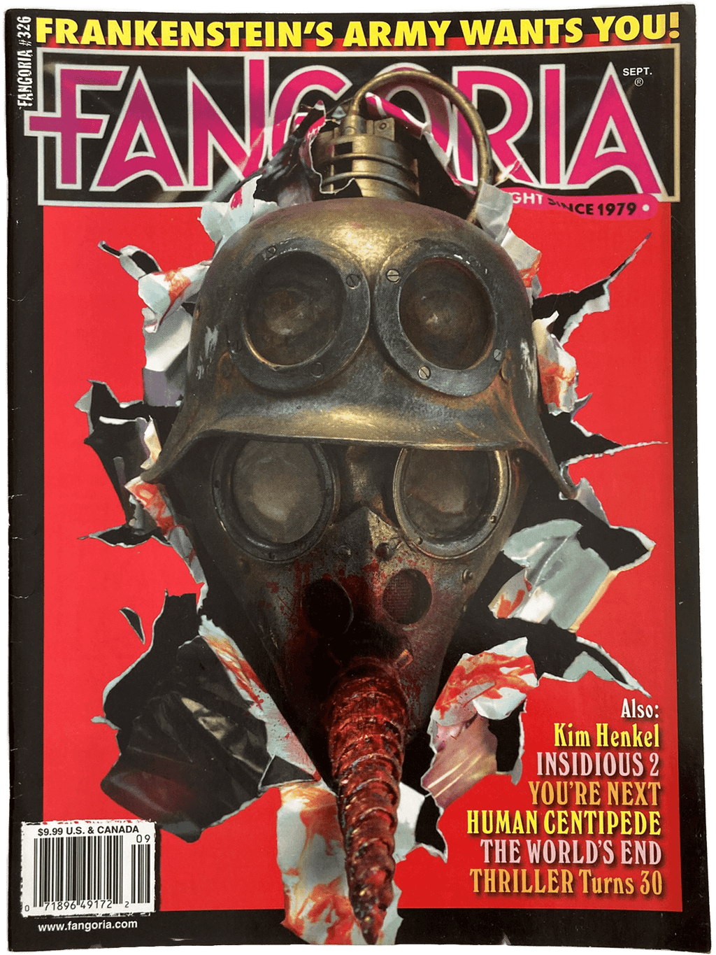 Magazine cover titled 'Fangoria' with a gas mask design on a red background