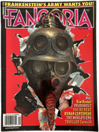 Magazine cover titled 'Fangoria' with a gas mask design on a red background