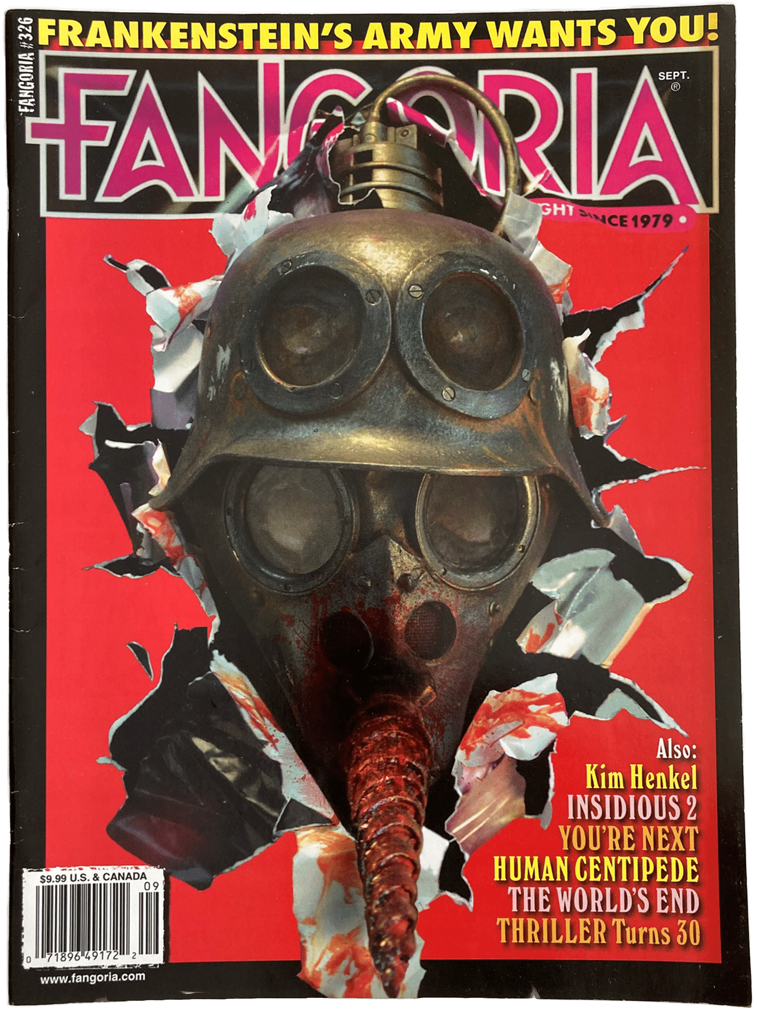 Magazine cover titled 'Fangoria' with a gas mask design on a red background