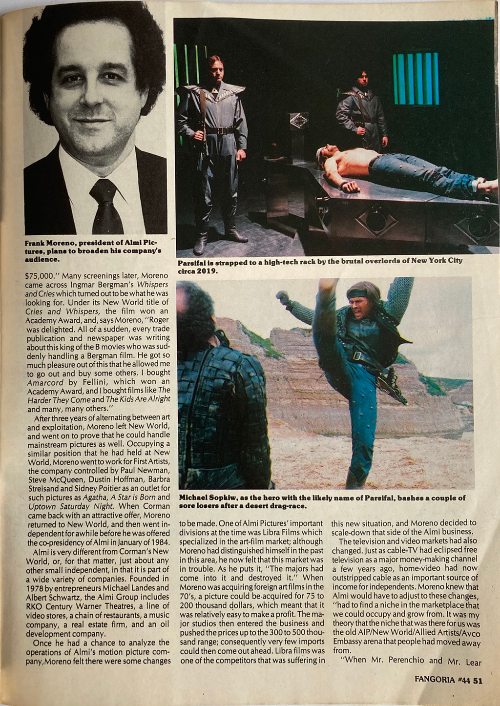 Magazine page with images of a man in a suit, a person in a suit with a gun, and a person lying on a table.