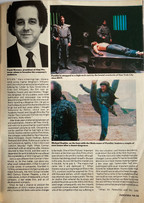 Magazine page with images of a man in a suit, a person in a suit with a gun, and a person lying on a table.