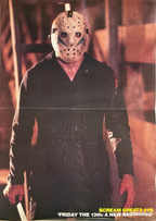 Character in a hockey mask and dark outfit holding an axe, with text 'Scream Greats #10' and 'Friday the 13th: A New Beginning'.