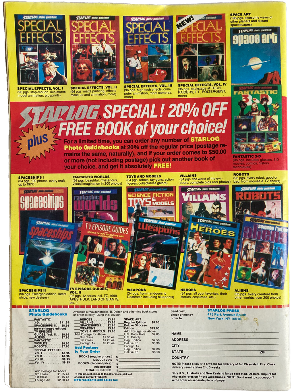 Vintage Starlog magazine back cover with special effects and science fiction book advertisements.