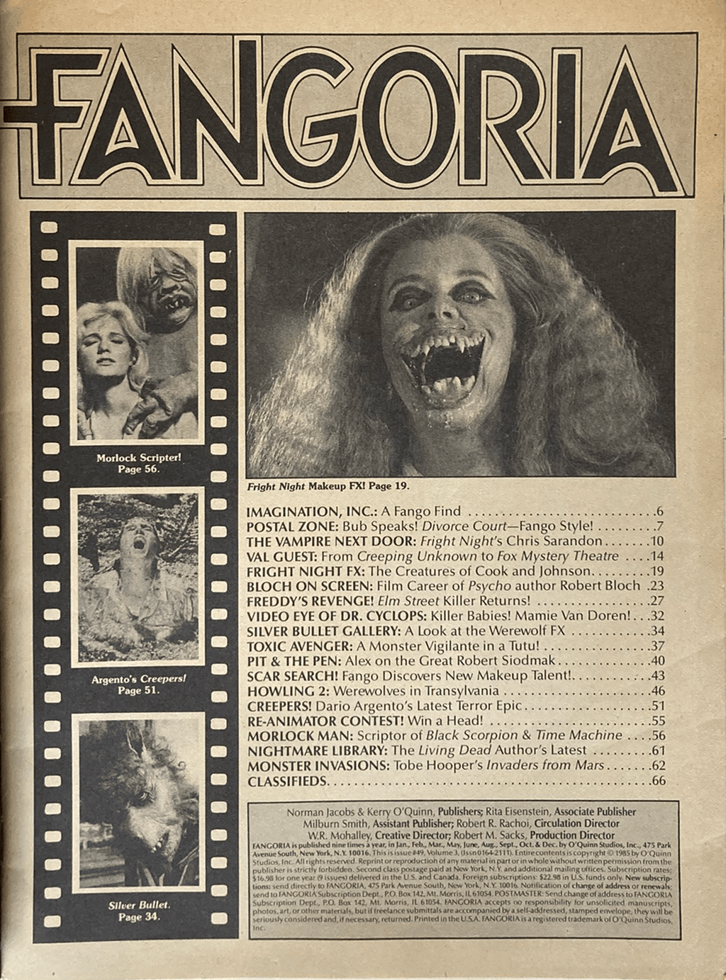 Fangoria Magazine #49 cover featuring vintage horror film stills and special effects makeup in black and white print.