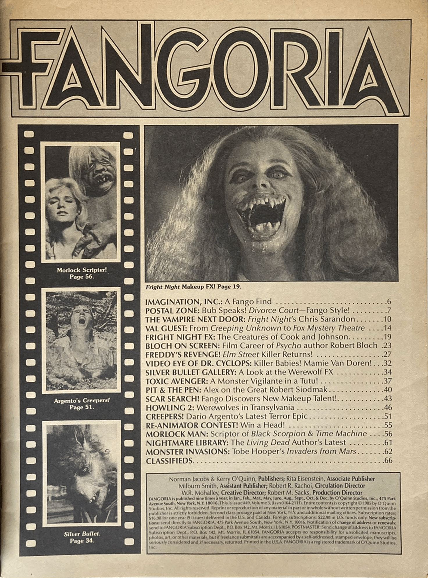 Fangoria Magazine #49 cover featuring vintage horror film stills and special effects makeup in black and white print.