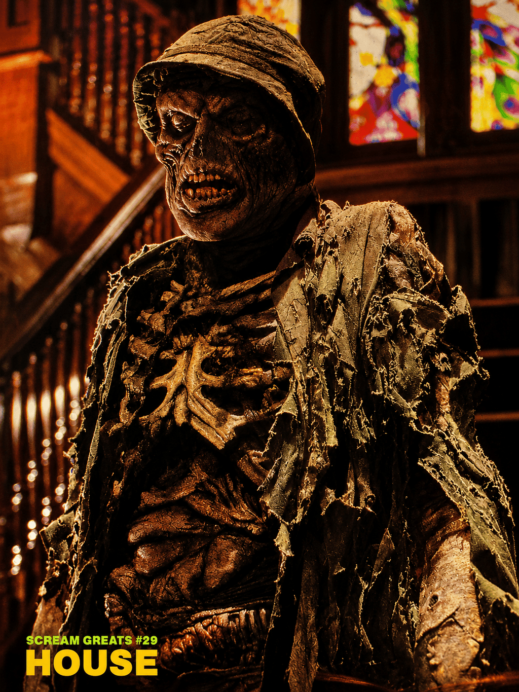 Fangoria Magazine #54 cover featuring a decayed undead figure in tattered clothing with stained glass background
