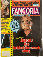 Magazine cover of Fangoria featuring a person in a hockey mask with text about horror movies and a lost boys poster offer.
