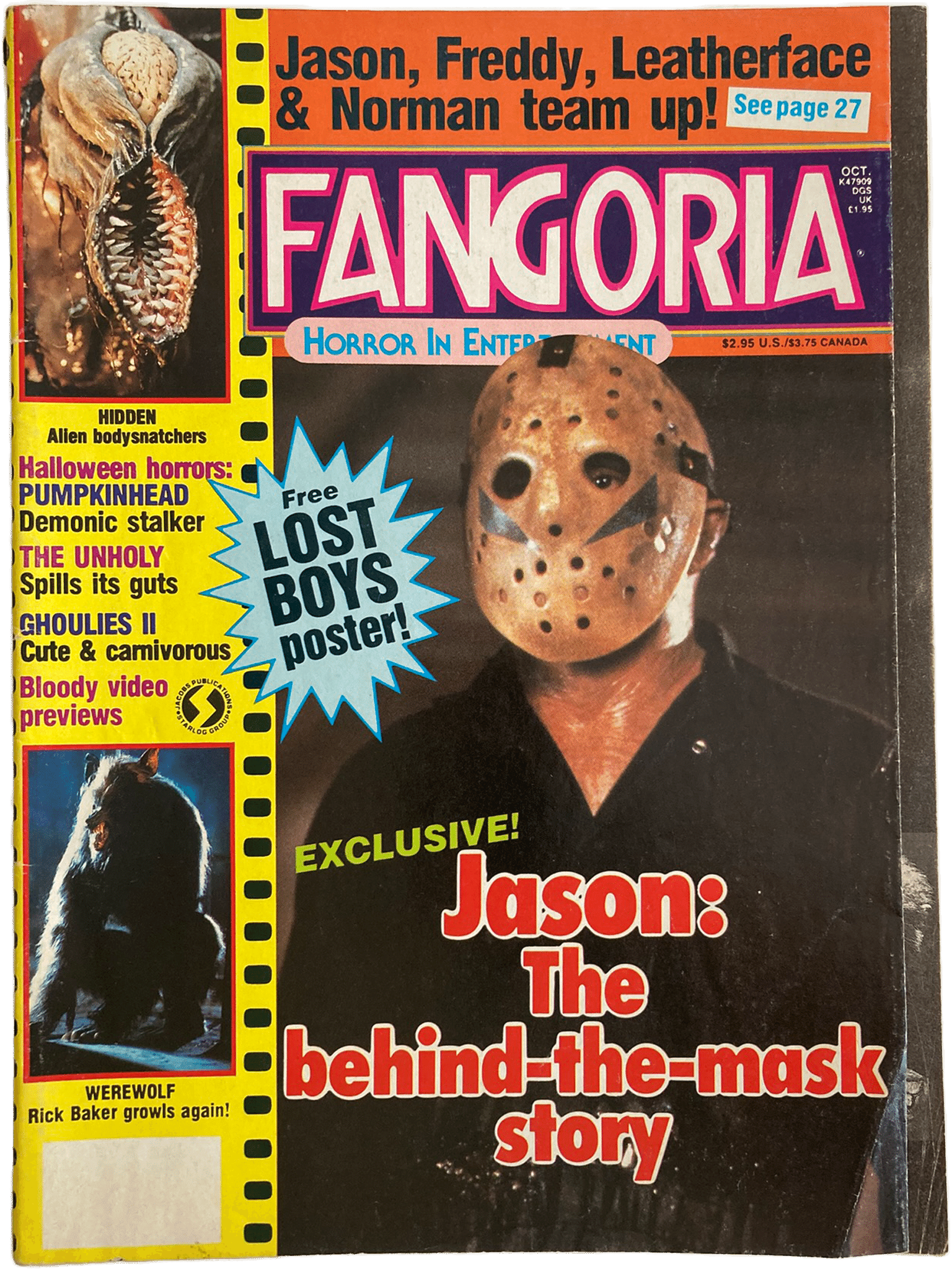 Magazine cover of Fangoria featuring a person in a hockey mask with text about horror movies and a lost boys poster offer.