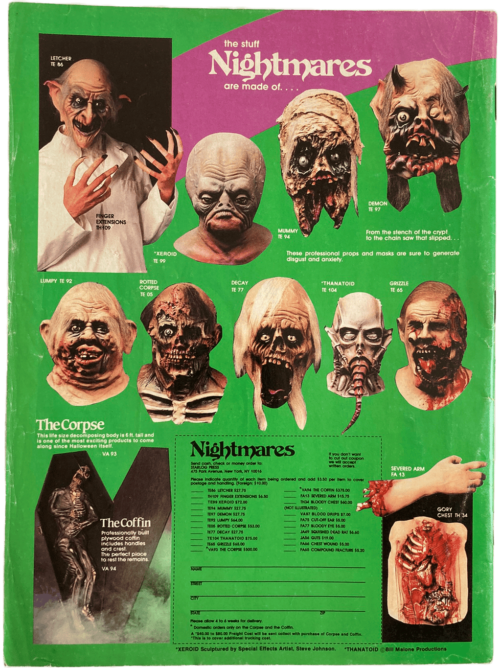 Vintage advertisement for horror movie props with various masks and text on a green and purple background.
