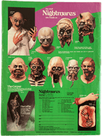 Vintage advertisement for horror movie props with various masks and text on a green and purple background.