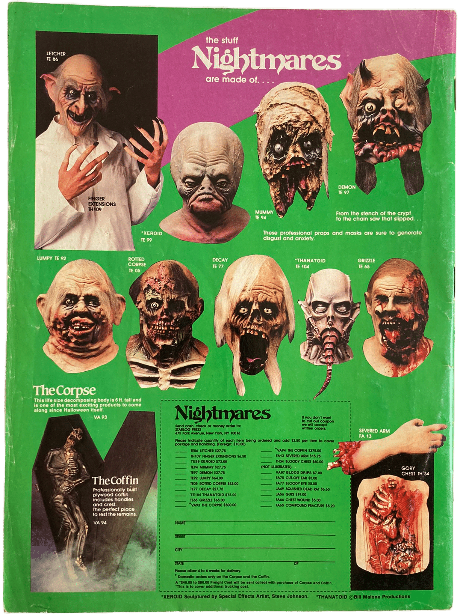 Vintage advertisement for horror movie props with various masks and text on a green and purple background.