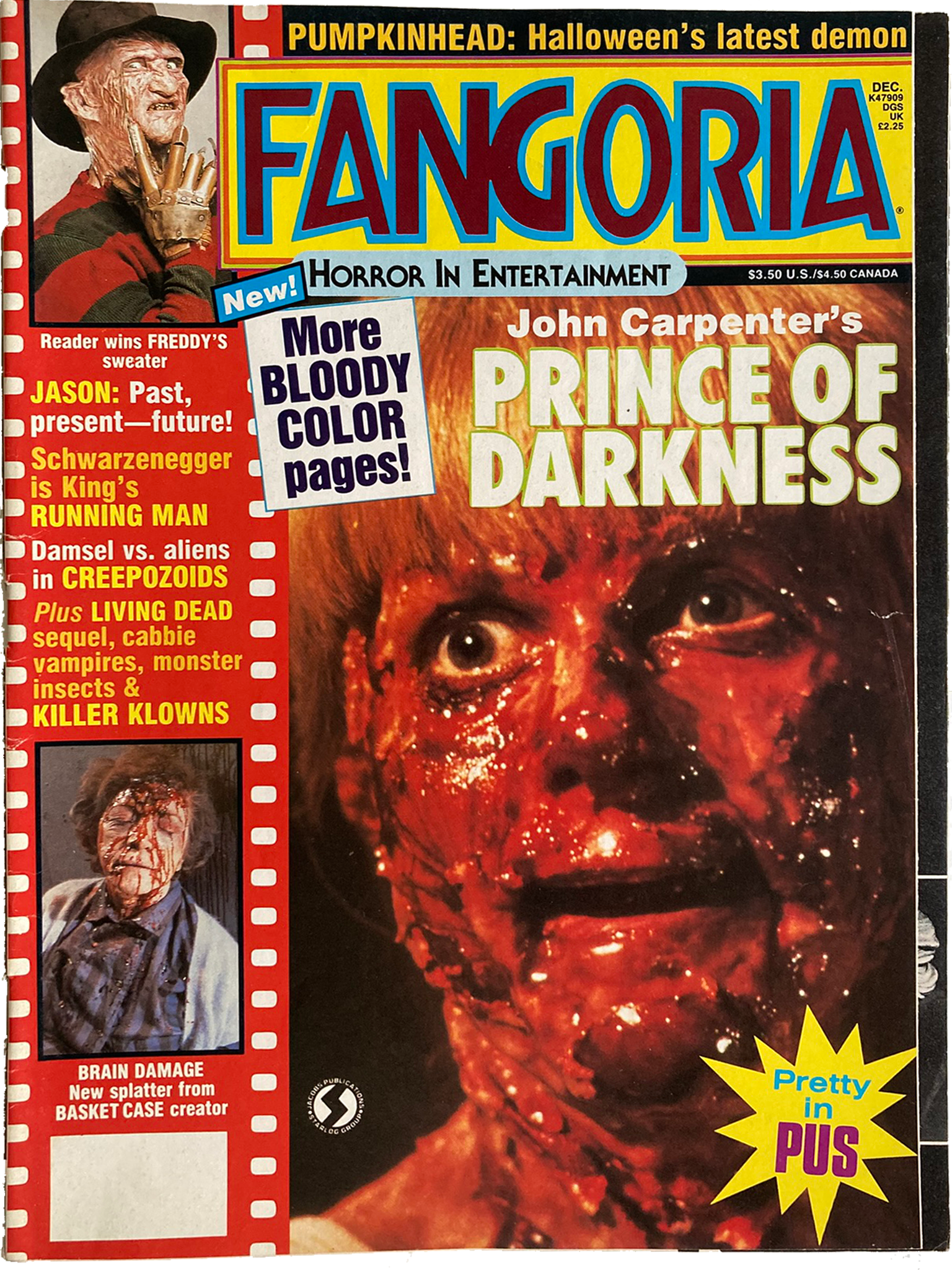 Fangoria magazine cover featuring a horror-themed layout with text and images of a man with a red face.