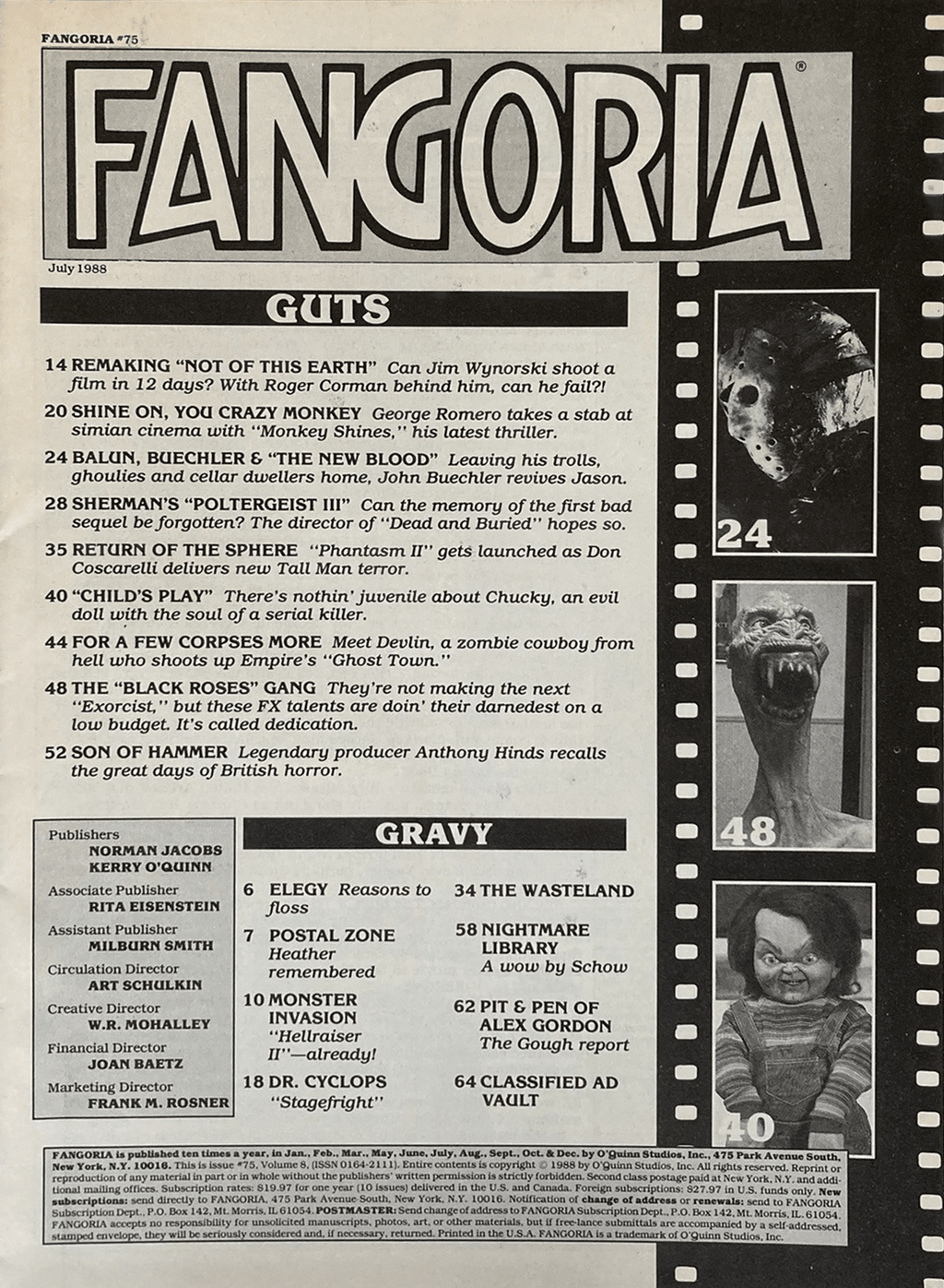 Fangoria Magazine #75 cover featuring vintage horror film stills and a classic grindhouse style layout from July 1988.