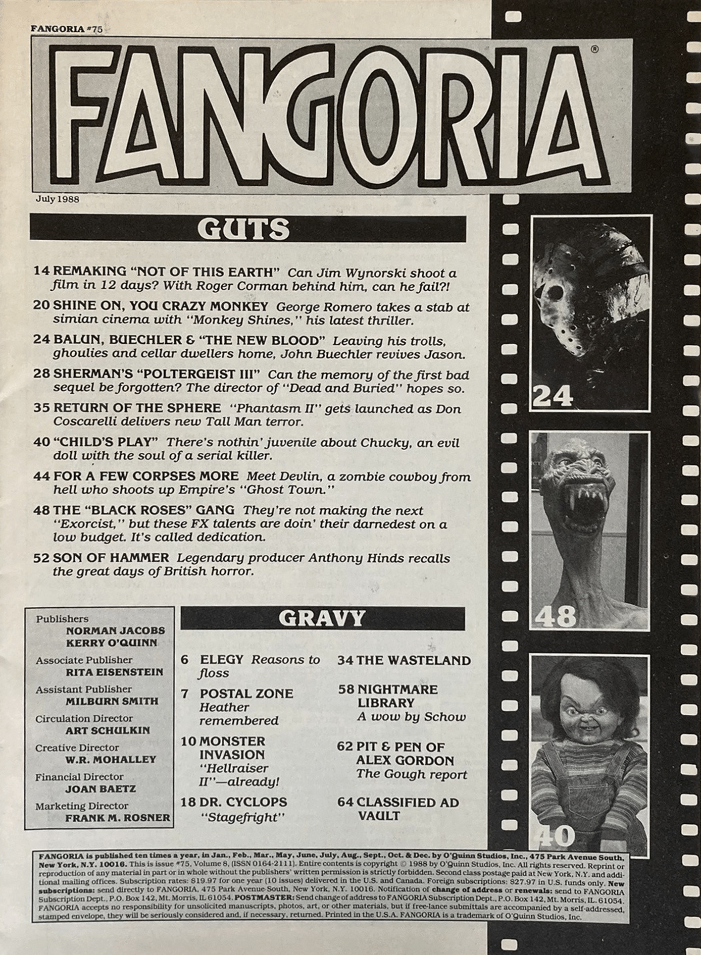 Fangoria Magazine #75 cover featuring vintage horror film stills and a classic grindhouse style layout from July 1988.