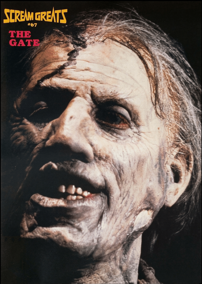 Fangoria Magazine #74 close-up of grotesque horror makeup with decayed skin and eerie expression for The Gate feature