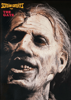 Fangoria Magazine #74 close-up of grotesque horror makeup with decayed skin and eerie expression for The Gate feature
