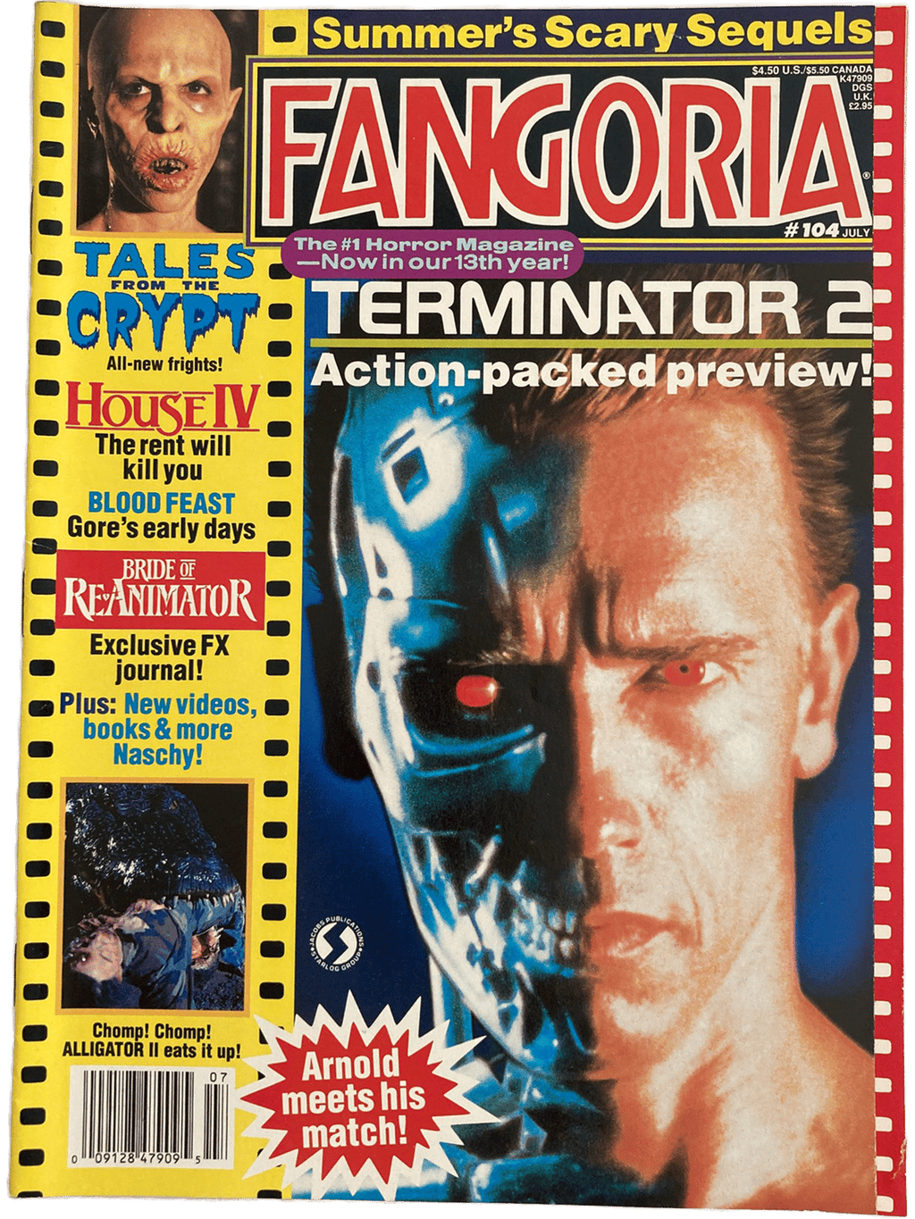 Magazine cover of Fangoria #104 featuring Terminator 2 and other horror movie titles.