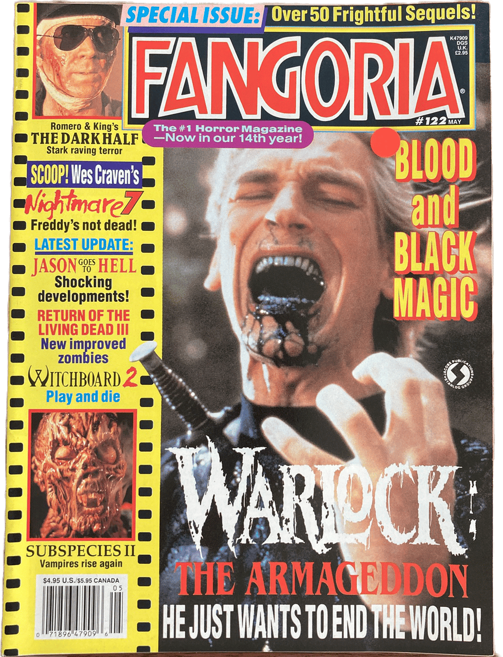 Magazine cover of Fangoria #122 featuring Warlock the Armageddon.