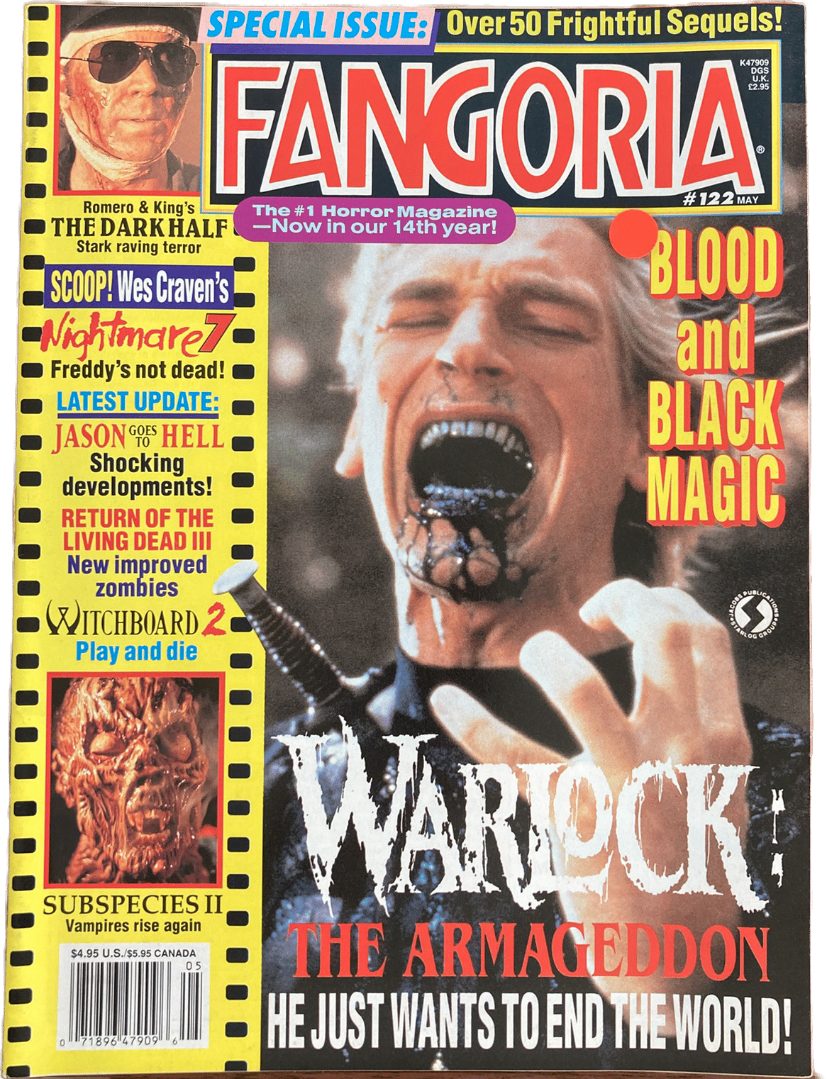 Magazine cover of Fangoria #122 featuring Warlock the Armageddon.