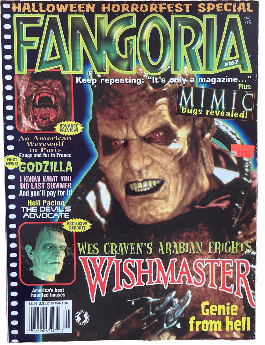Magazine cover of Fangoria featuring a horror-themed layout with text and images.