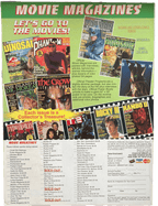 Vintage advertisement for movie magazines featuring various covers and text on a green background.